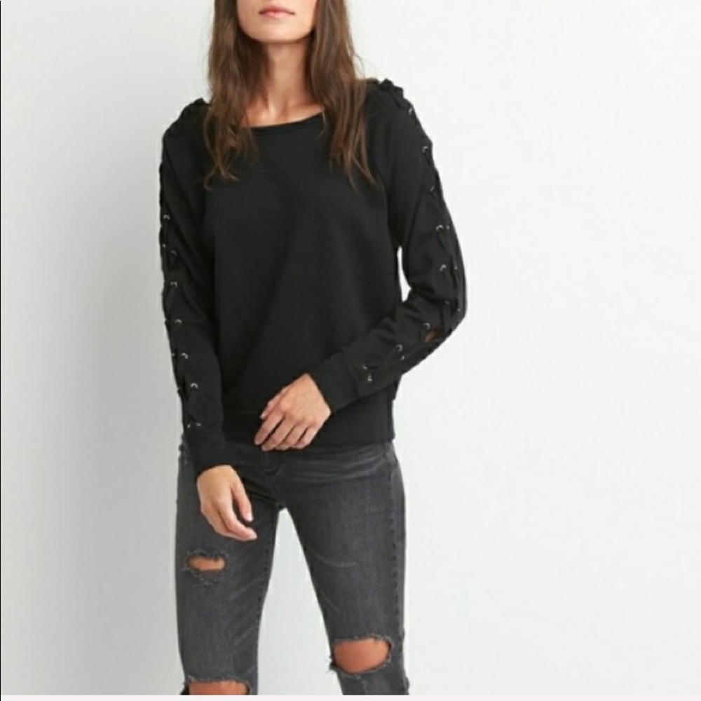 GAP lace-up sleeve sweatshirt black pullover top